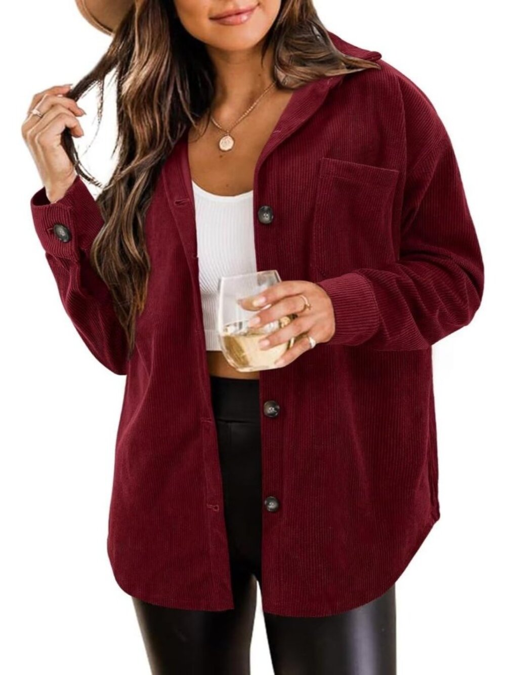 Women's Marron Oversized Corduroy Long Sleeve Button-down Utility Shacket Jacket